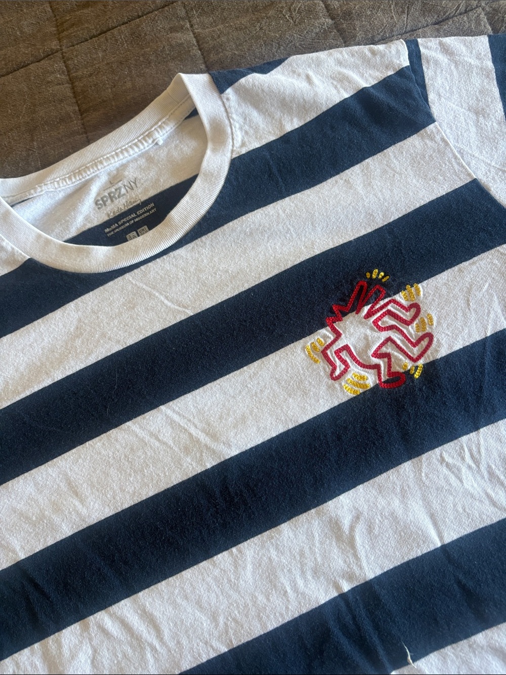 Uniqlo Navy & White Striped Tee with Colorful Embroidered Motif